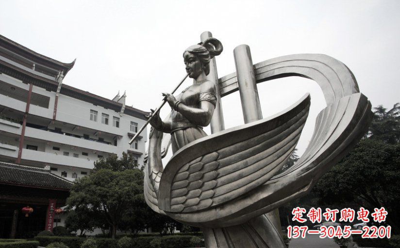 淄博古典美女不锈钢吹笛子雕塑