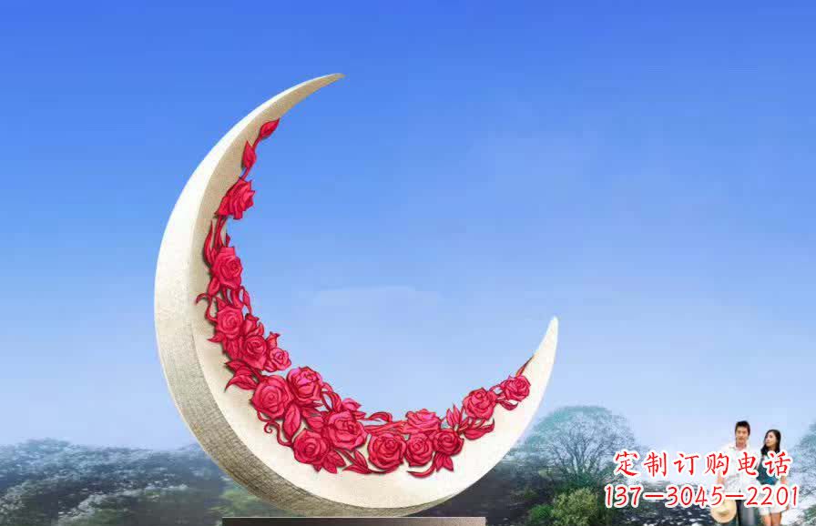 淄博不锈钢广场月亮雕塑月光下的璀璨美景