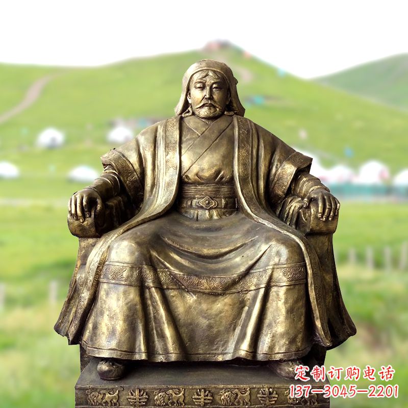 淄博成吉思汗玻璃钢雕塑-仿铜坐姿铁木真雕像
