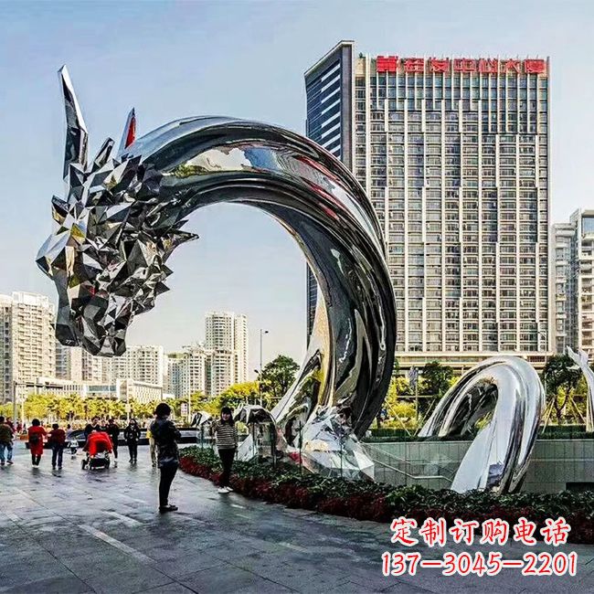淄博大型不锈钢龙镜面景观雕塑-城市创意动物景观雕塑
