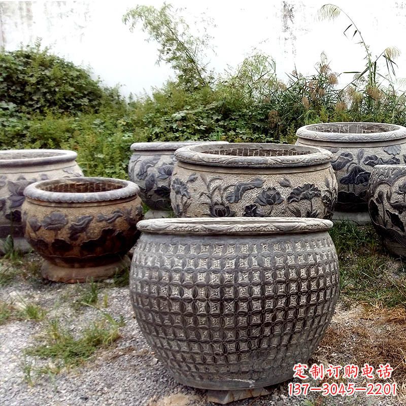 淄博仿古石雕花盆水缸——精美艺术家品