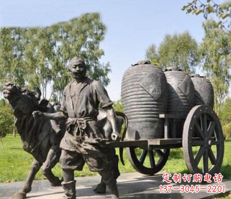 淄博公园驾着牛车拉酒缸的古代人物小品铜雕