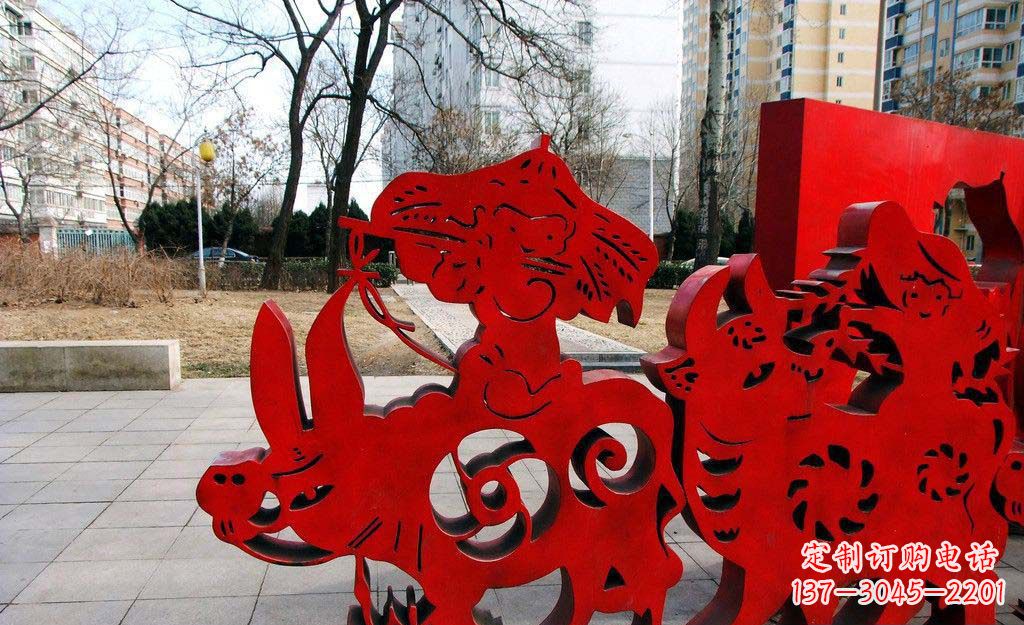 淄博广场不锈钢剪纸牧童牛雕塑