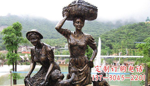 淄博广场摘葡萄人物丰收铜雕