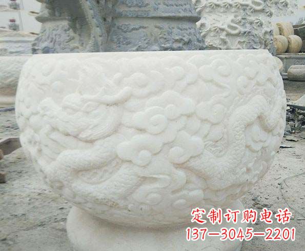 淄博汉白玉龙浮雕招财石水缸