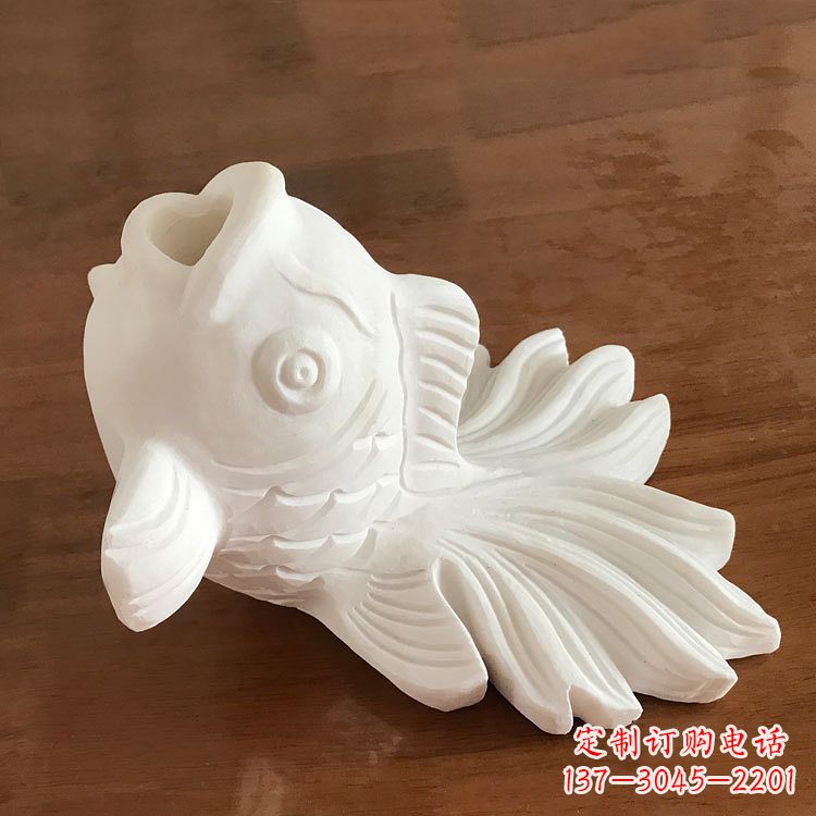 淄博汉白玉喷水金鱼石雕-园林水景创意动物雕塑摆件