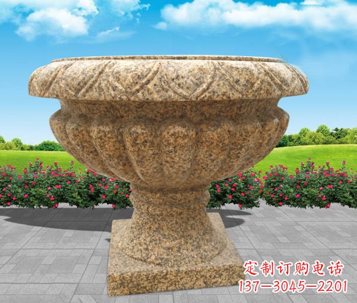 淄博黄锈石花盆公园石雕 (2)