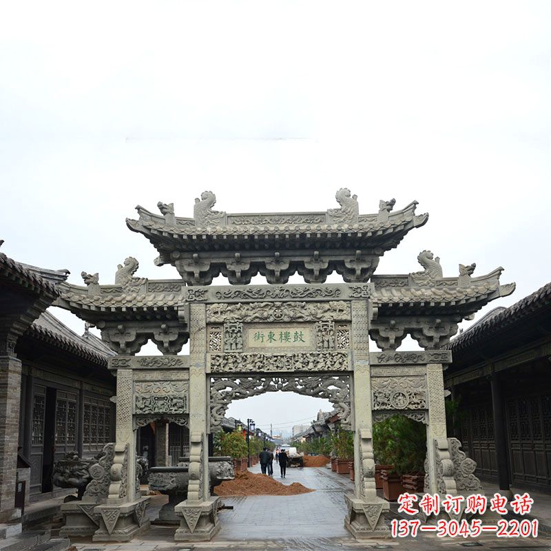 淄博特色街道三门石雕牌楼雕塑