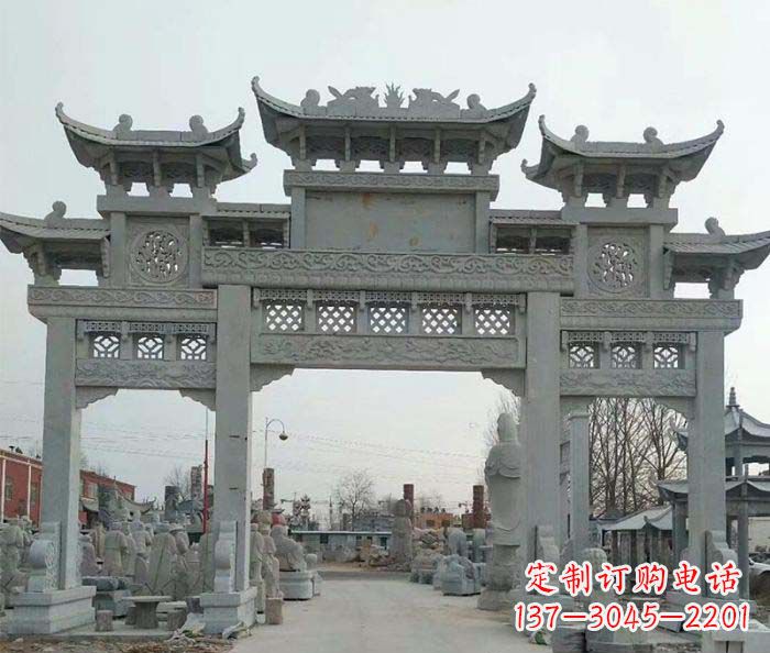 淄博三门牌坊石雕,精美汉风石雕装饰景区