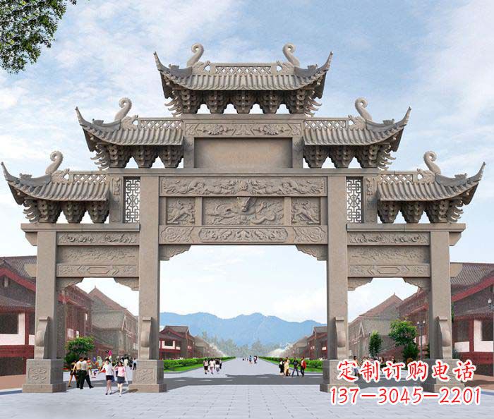 淄博景区三门石雕牌楼——精美雕塑定制