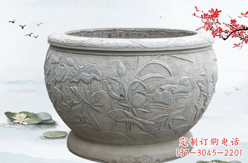 淄博连年有余浮雕水缸石雕