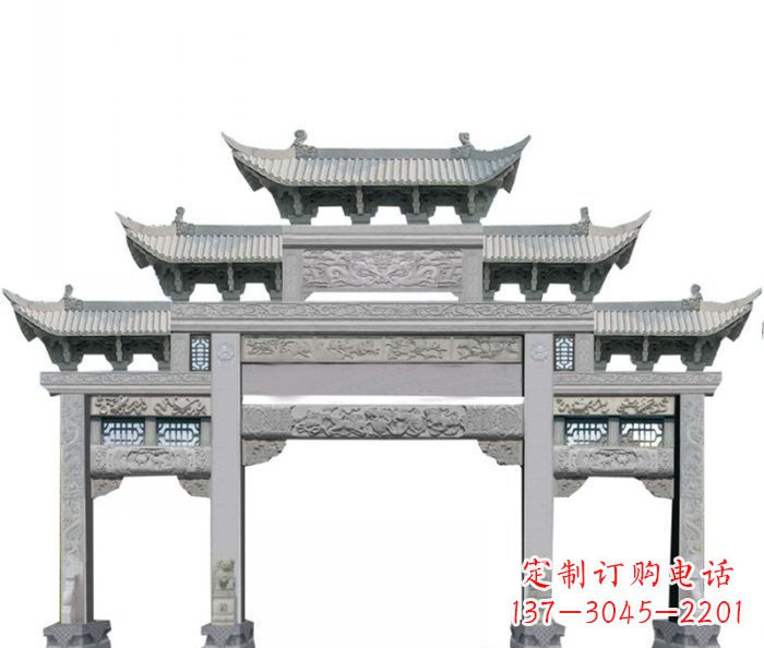 淄博农村三门牌坊石雕 (6)