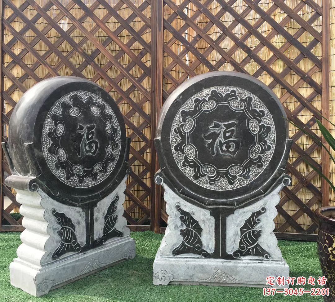 淄博青石仿古福字抱鼓雕塑,让您的家园更加美观