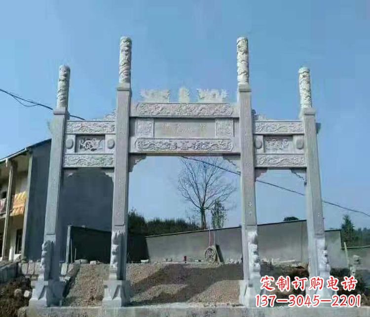 淄博三门仿古牌坊石雕,精致雕刻典雅之美
