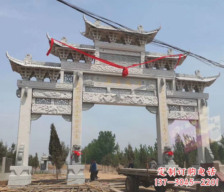 淄博三门五楼大理石牌坊石雕_2
