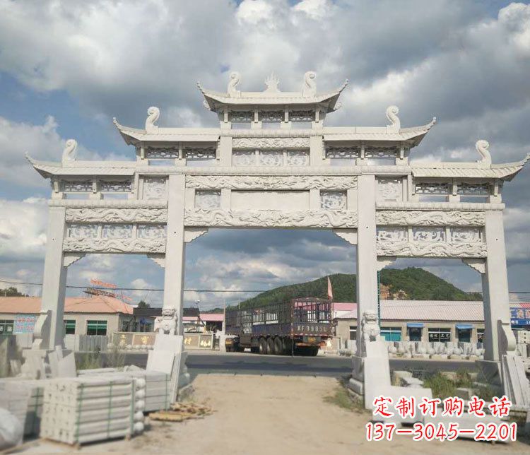 淄博三门五楼大理石牌坊石雕_1