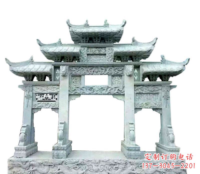 淄博三门五楼仿古牌坊石雕 (2)