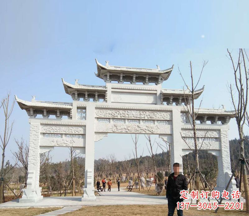 淄博三门五楼汉白玉牌坊石雕