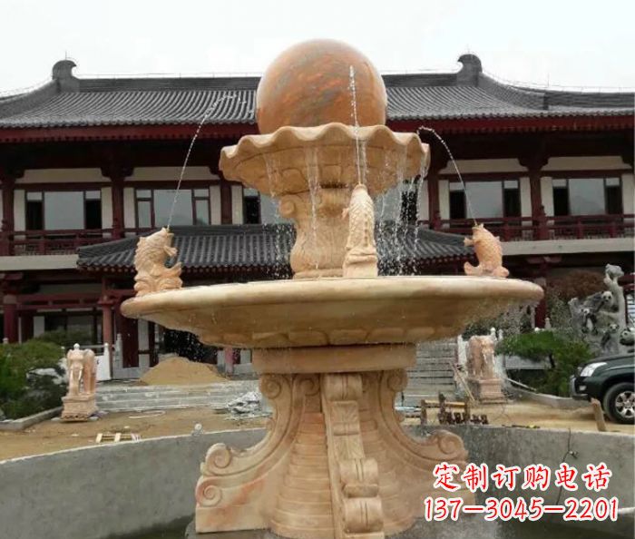 淄博双层风水球喷泉晚霞红石雕