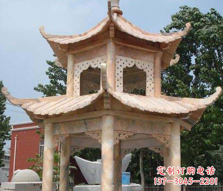 淄博双层晚霞红凉亭石雕