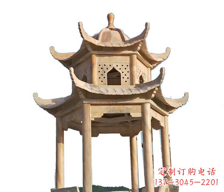 淄博双层晚霞红凉亭石雕 (2)