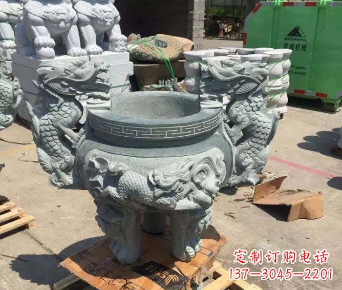 淄博寺庙景观青石龙头香炉石雕 (2)