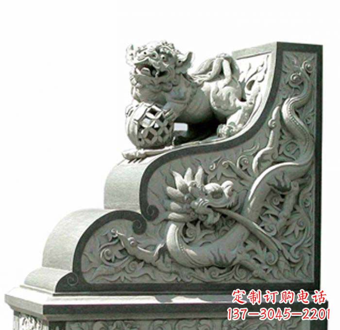 淄博寺庙景观玩绣球狮子石雕门墩