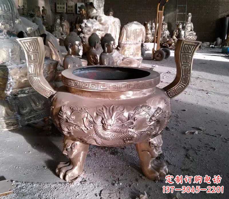 淄博寺庙龙浮雕圆铜雕香炉