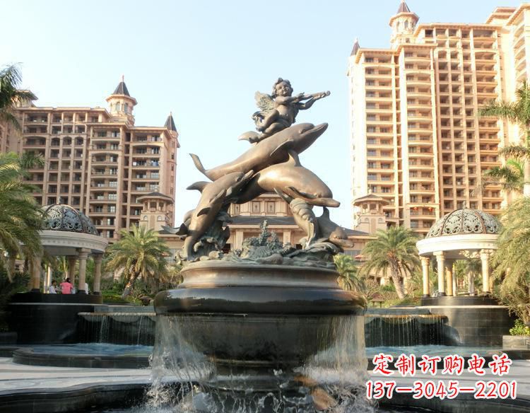 淄博跳跃的海豚和小天使喷泉铜雕 