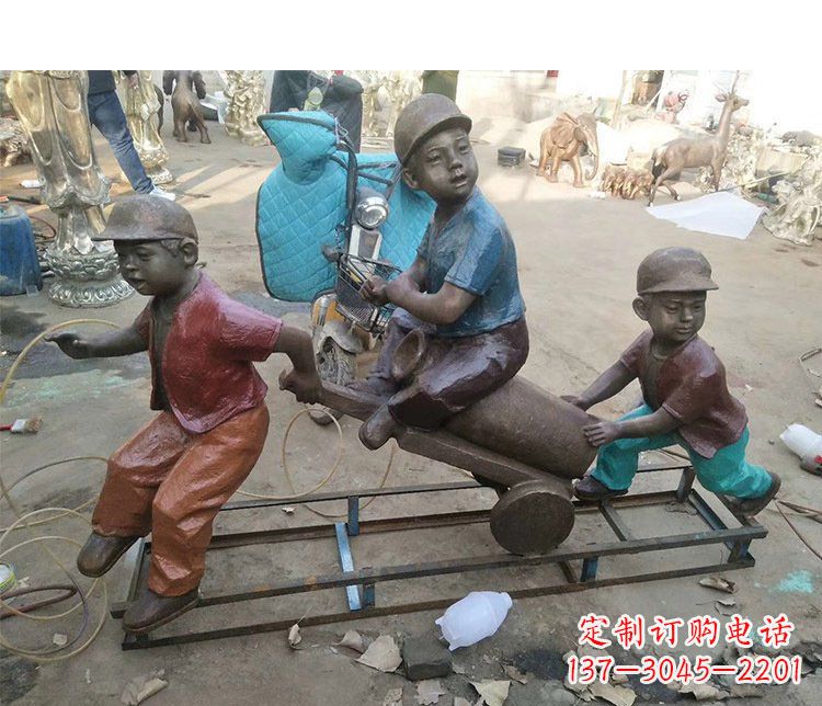 淄博铜雕彩绘庭院玩耍儿童雕塑