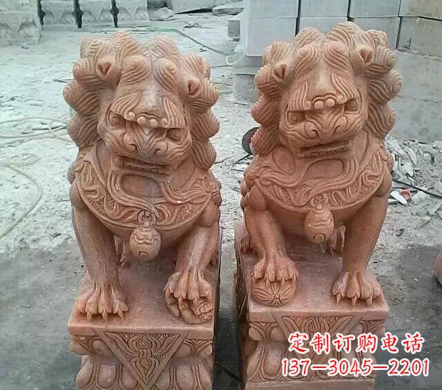 淄博晚霞红传统狮子石雕