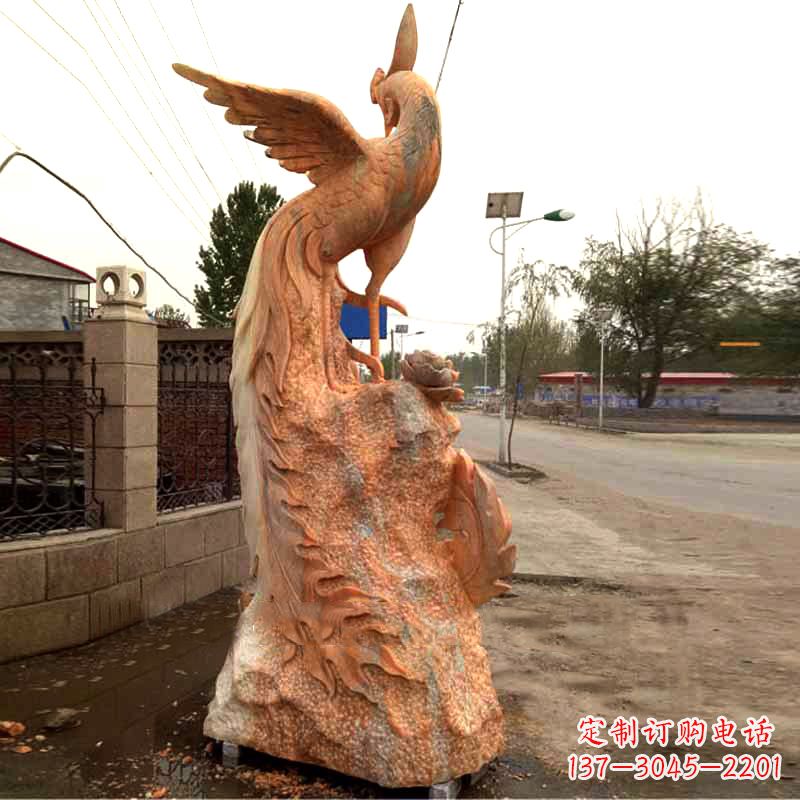 淄博晚霞红大理石瑞鸟凤凰雕塑