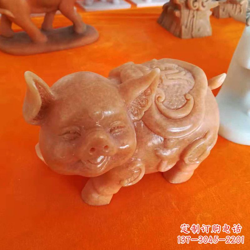 淄博晚霞红大理石招财猪雕塑-企业商场创意生肖动物风水摆件