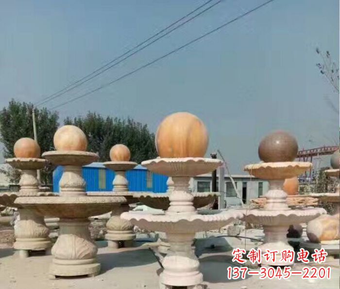 淄博晚霞红多层风水球喷泉石雕