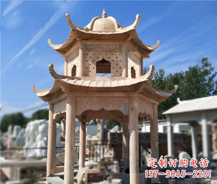 淄博晚霞红公园双层六角凉亭石雕