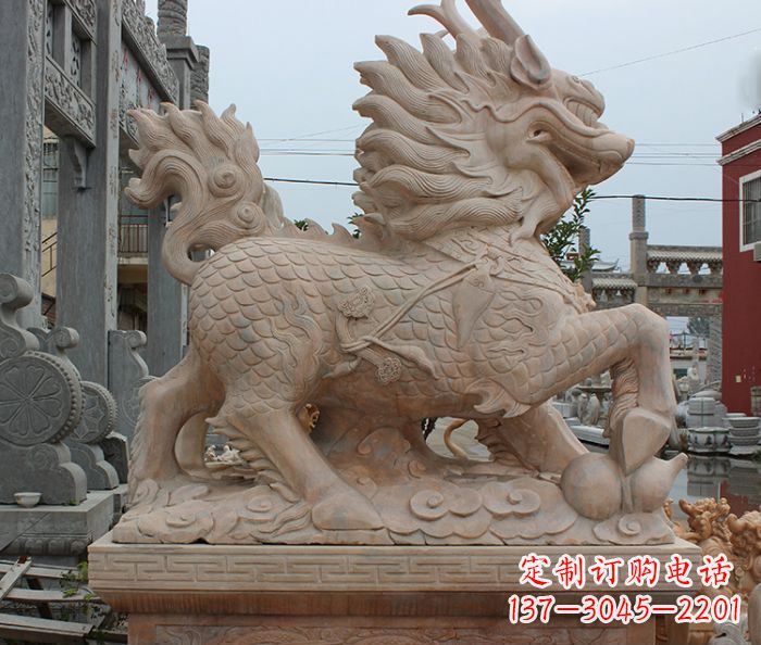 淄博晚霞红古代神兽麒麟石雕