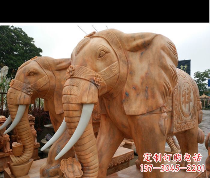 淄博晚霞红吉祥如意门口镇宅招财大象石雕 (3)