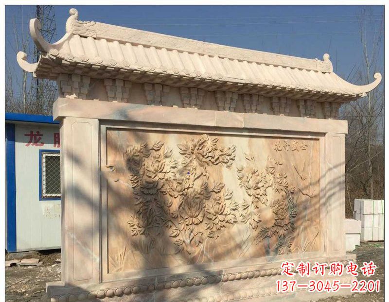 淄博晚霞红牡丹花浮雕影壁