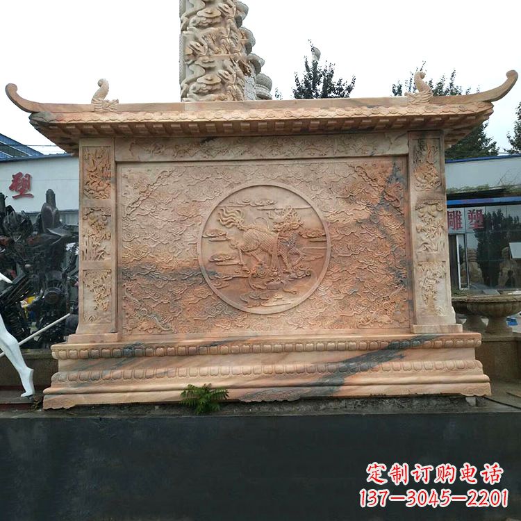 淄博晚霞红麒麟影壁墙石雕