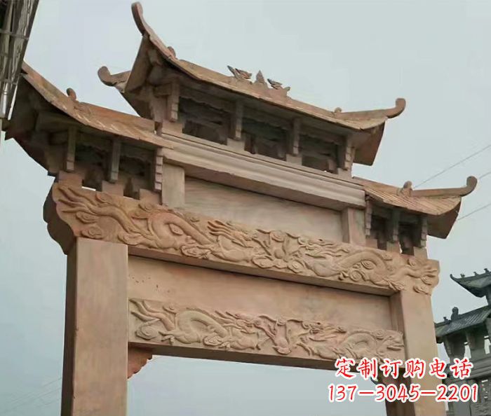 淄博晚霞红石雕单门牌坊