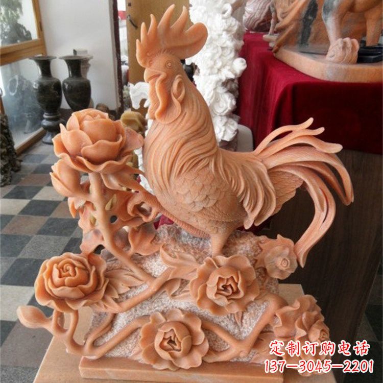 淄博晚霞红石雕公鸡雕塑