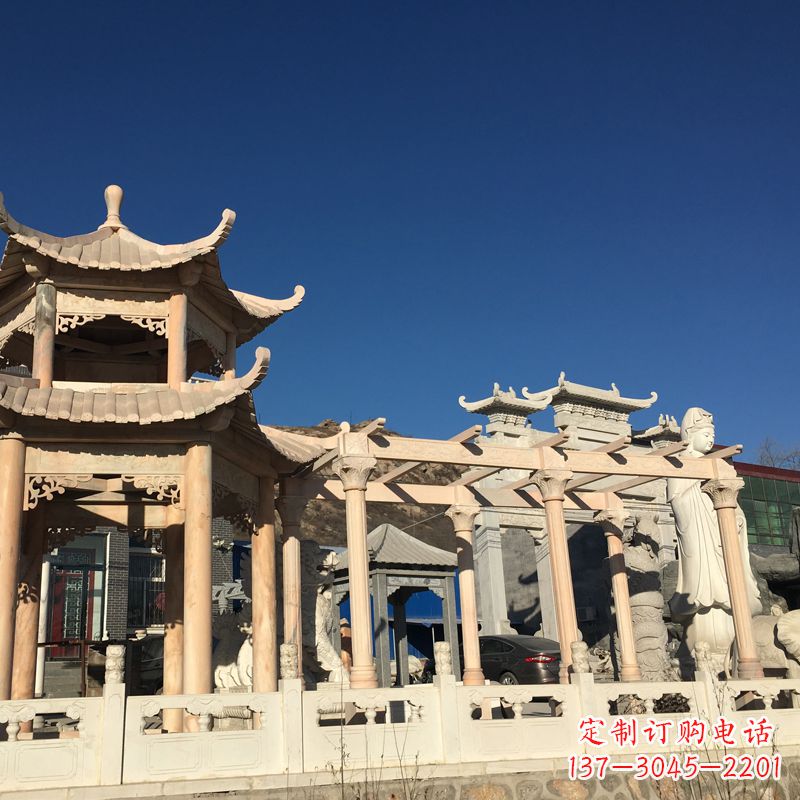 淄博晚霞红石雕凉亭花架