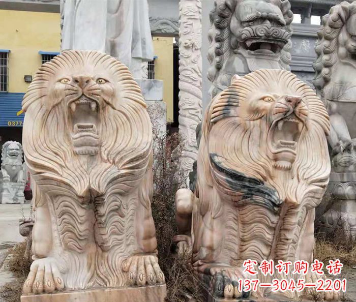 淄博晚霞红石雕欧式石狮子
