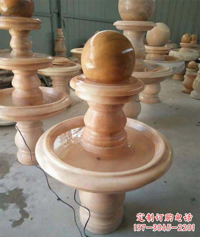 淄博晚霞红双层风水球别墅喷泉石雕