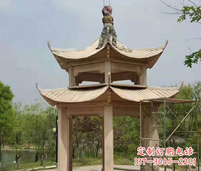 淄博晚霞红双层凉亭石雕 (2)