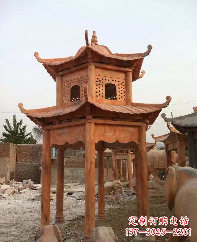 淄博晚霞红双层凉亭石雕