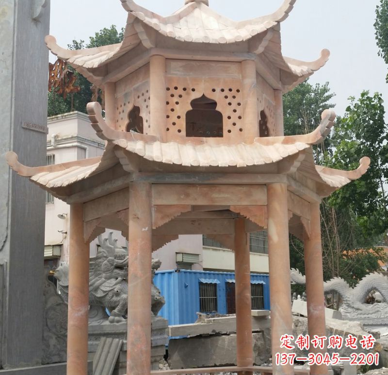 淄博晚霞红双层六角凉亭石雕 (2)