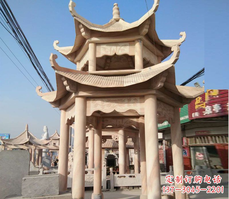 淄博晚霞红双层六角凉亭石雕 (3)