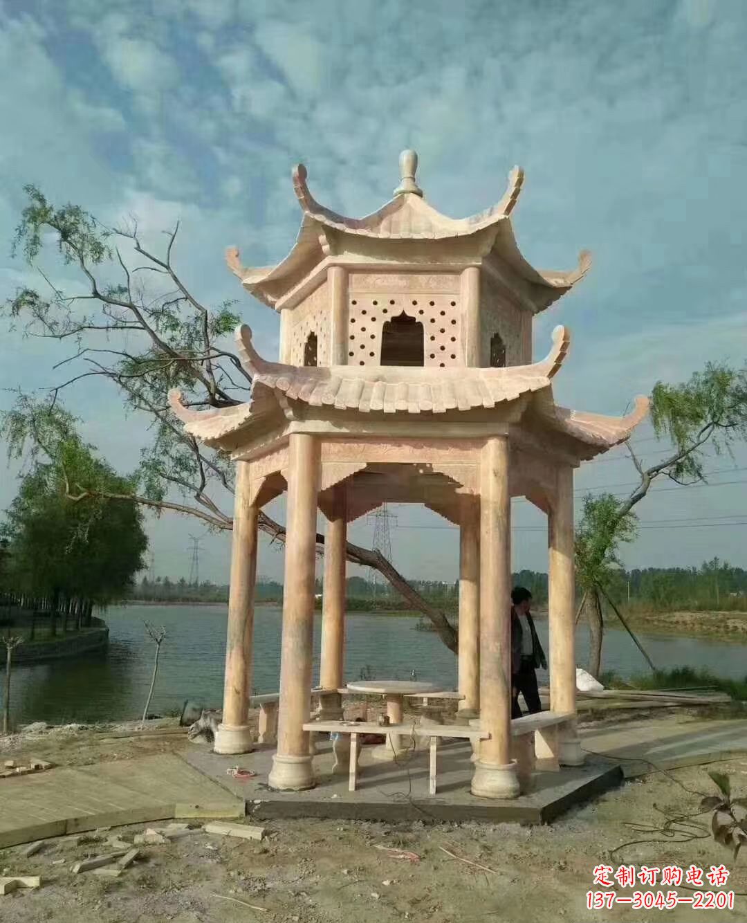 淄博晚霞红双层石凉亭 (2)