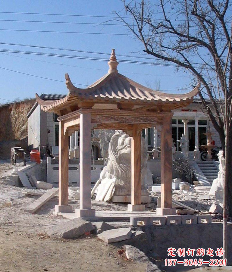 淄博晚霞红四角凉亭景观石雕
